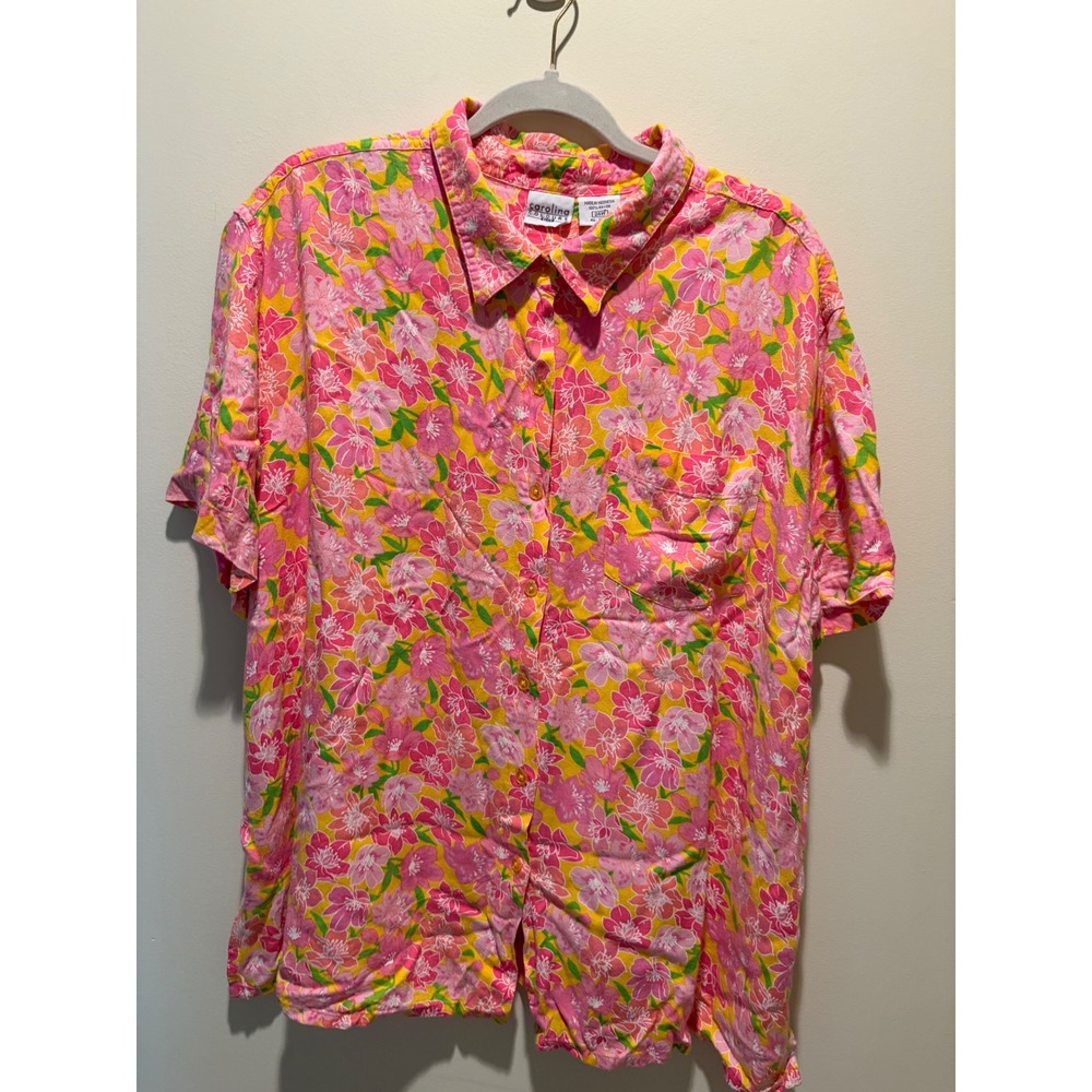 Carolina Colours Plus Floral Rayon Button Down Shirt Pink Yellow Womens 24W